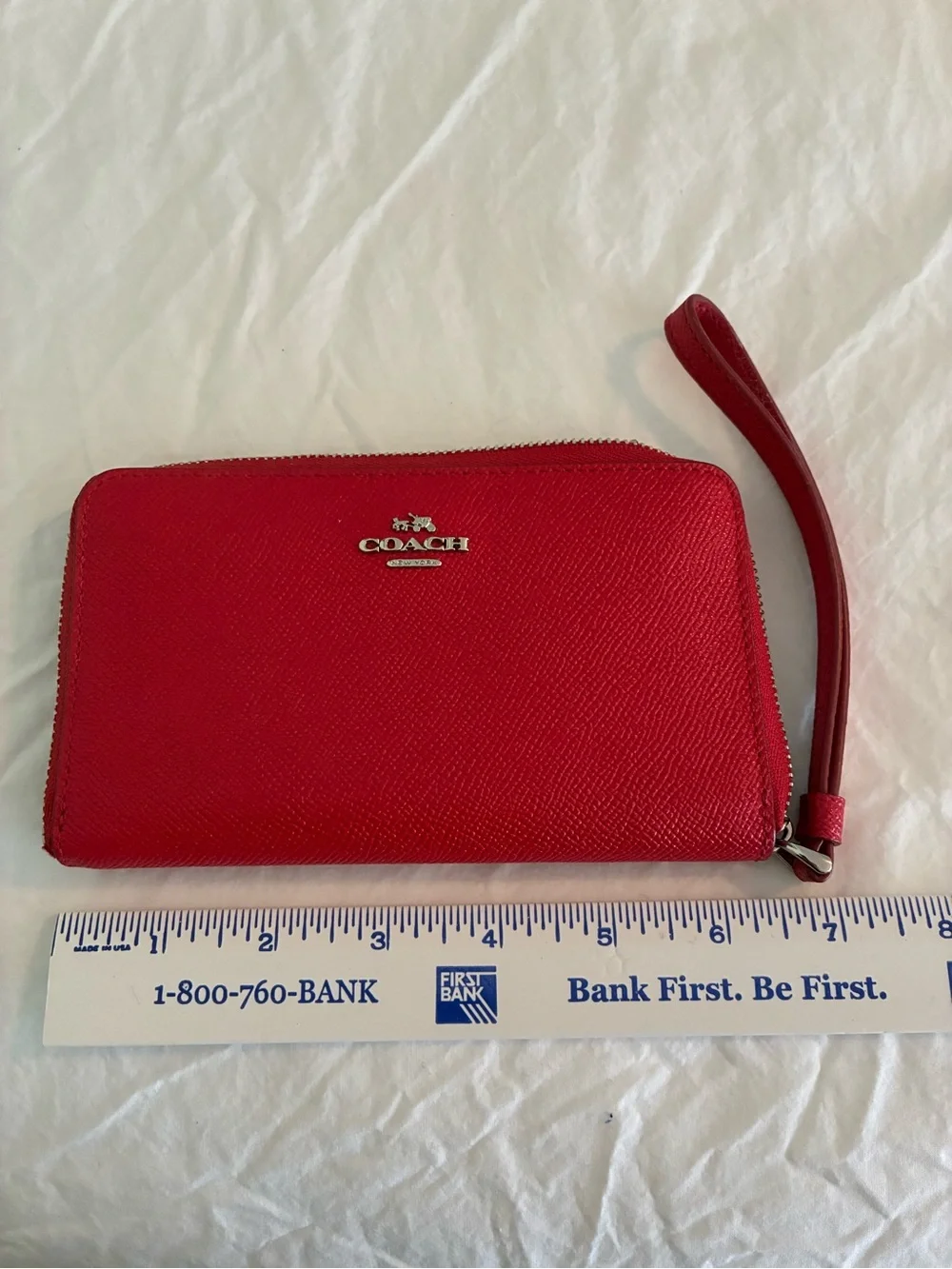 COACH Red Leather Zip Wristlet with Silver Logo